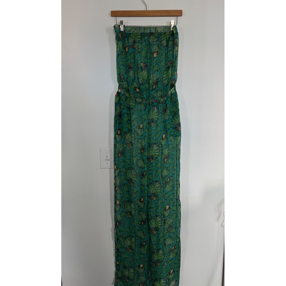 Sinesia Karol Green Tropical Leaf Bird‎ Print Strapless Jumpsuit Size M Brazil
